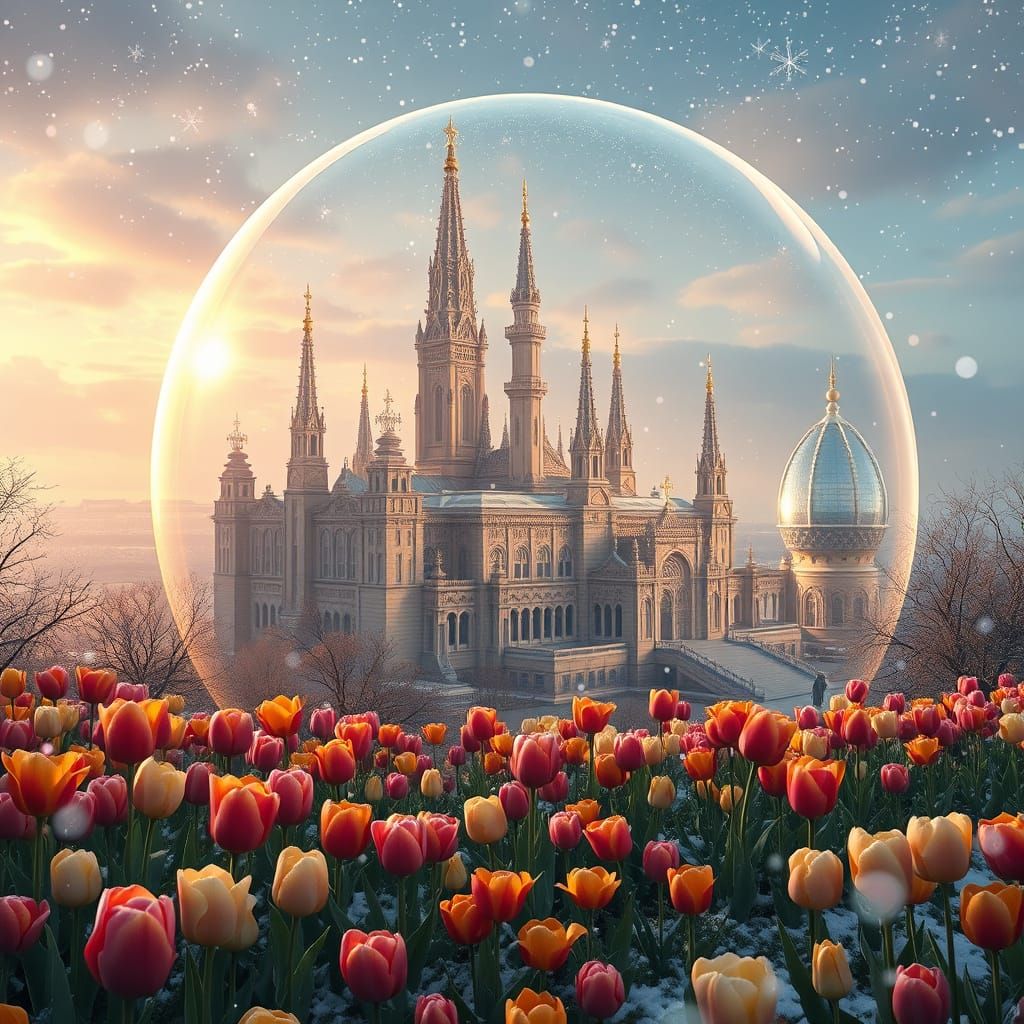 Majestic City in Bubble, Photorealistic Garden Scene