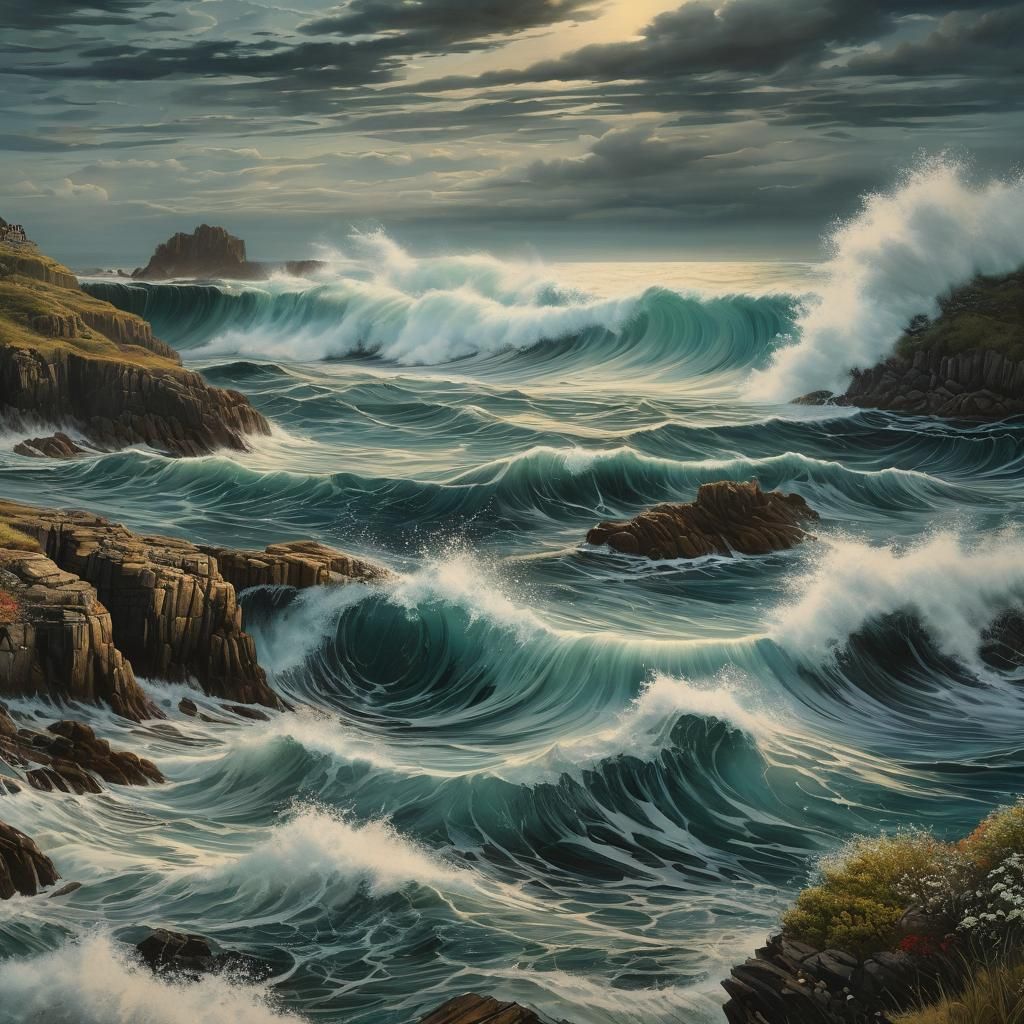 Ocean Cove with Crashing Waves in Surreal Style