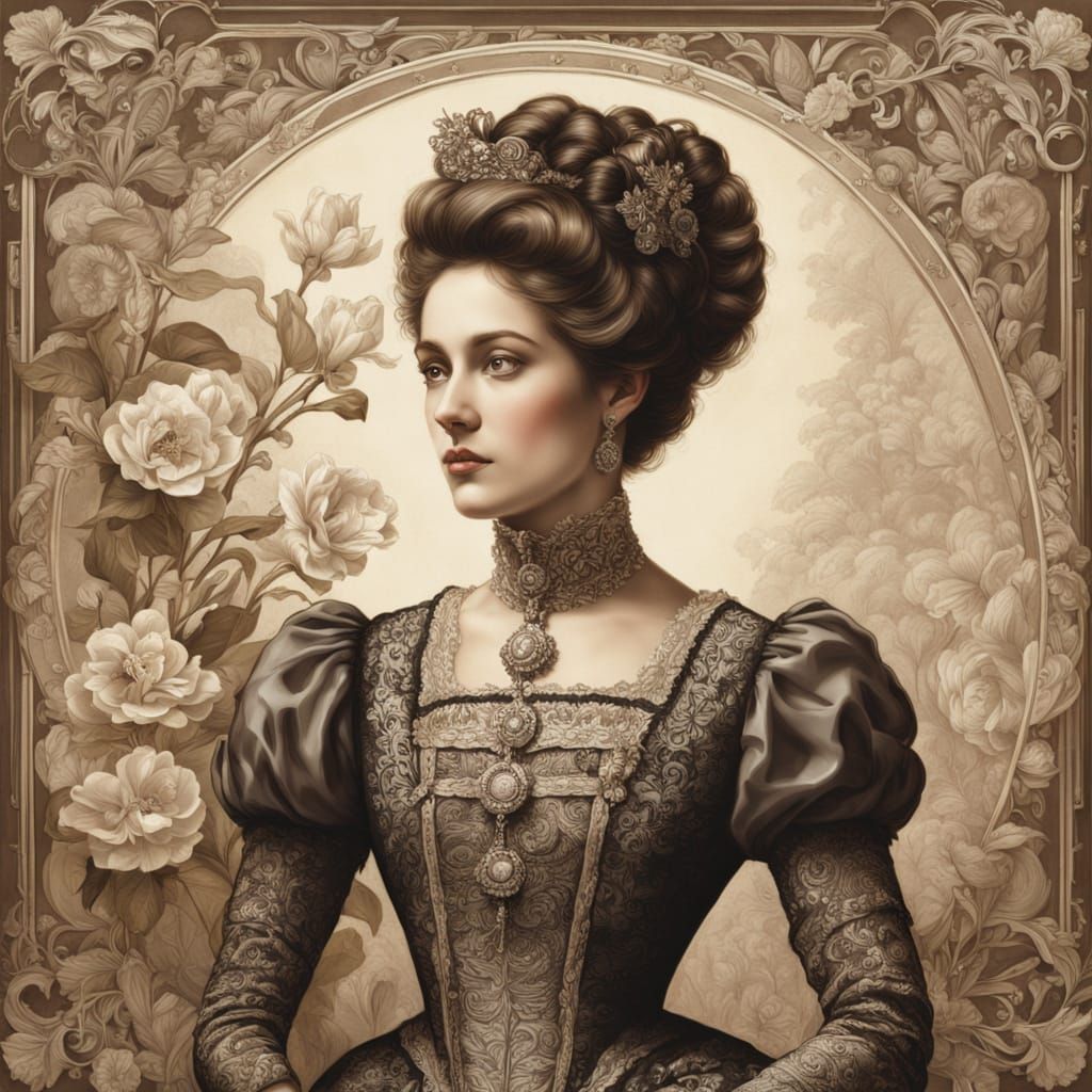 Victorian Lady Portrait with Zentangle in Oil Painting Style