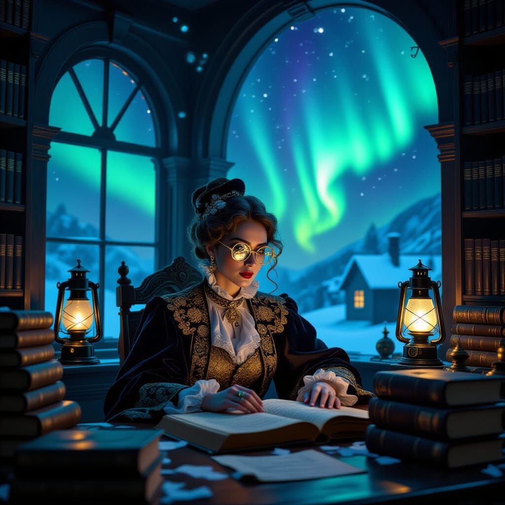 Steampunk Librarian in Aurora's Glow