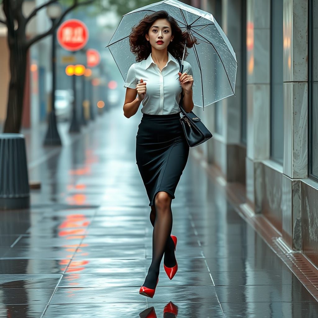 East Asian Model Jogging in Rainy Taipei: Realistic Style