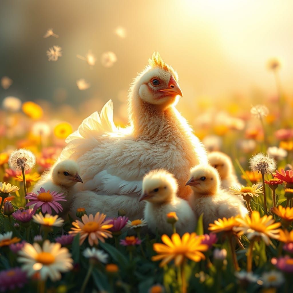 Serenely Grazing Hen and Her Chicks in a Vibrant Flower Fiel...