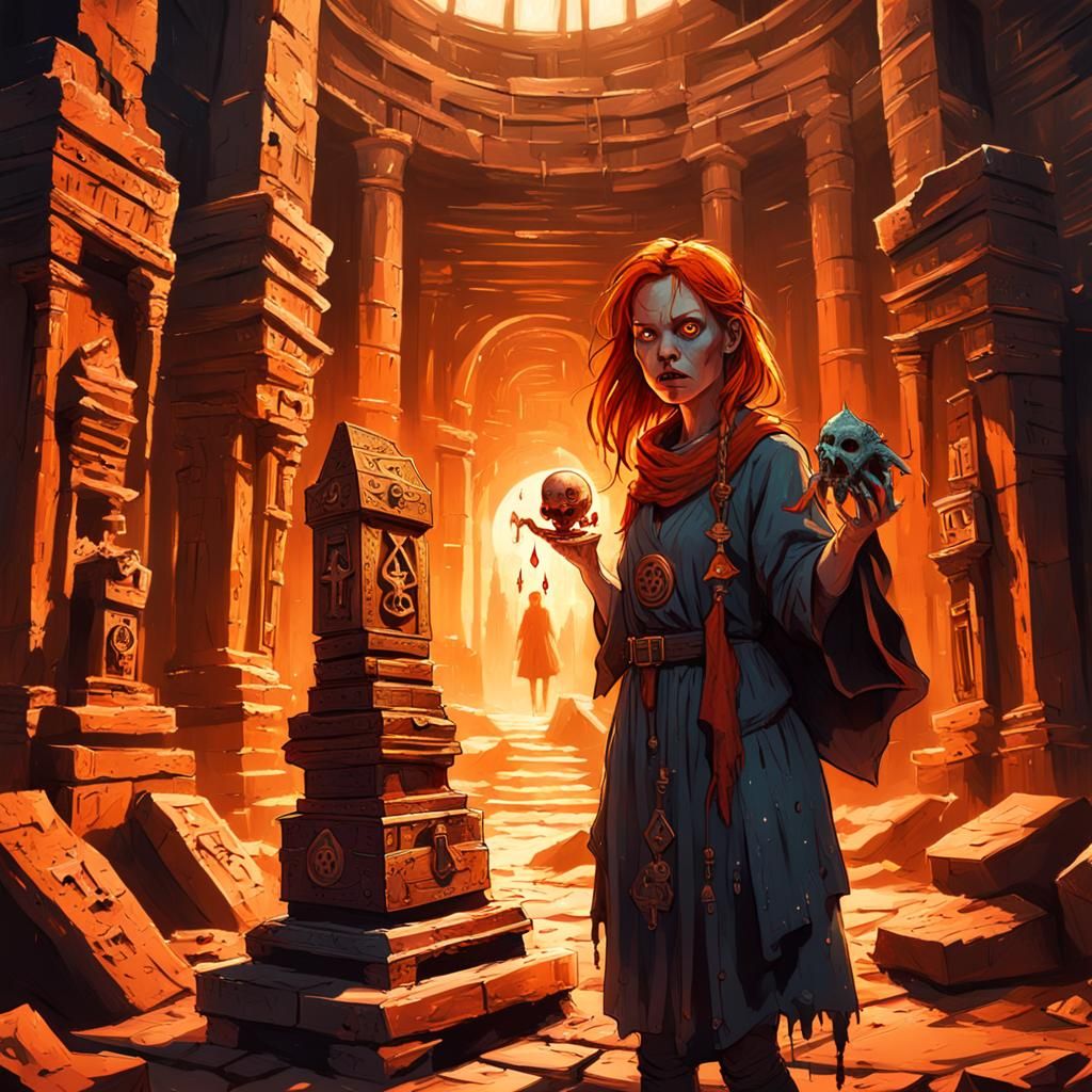 Terrified Girl and Cursed Sculpture in Dark Fantasy Temple