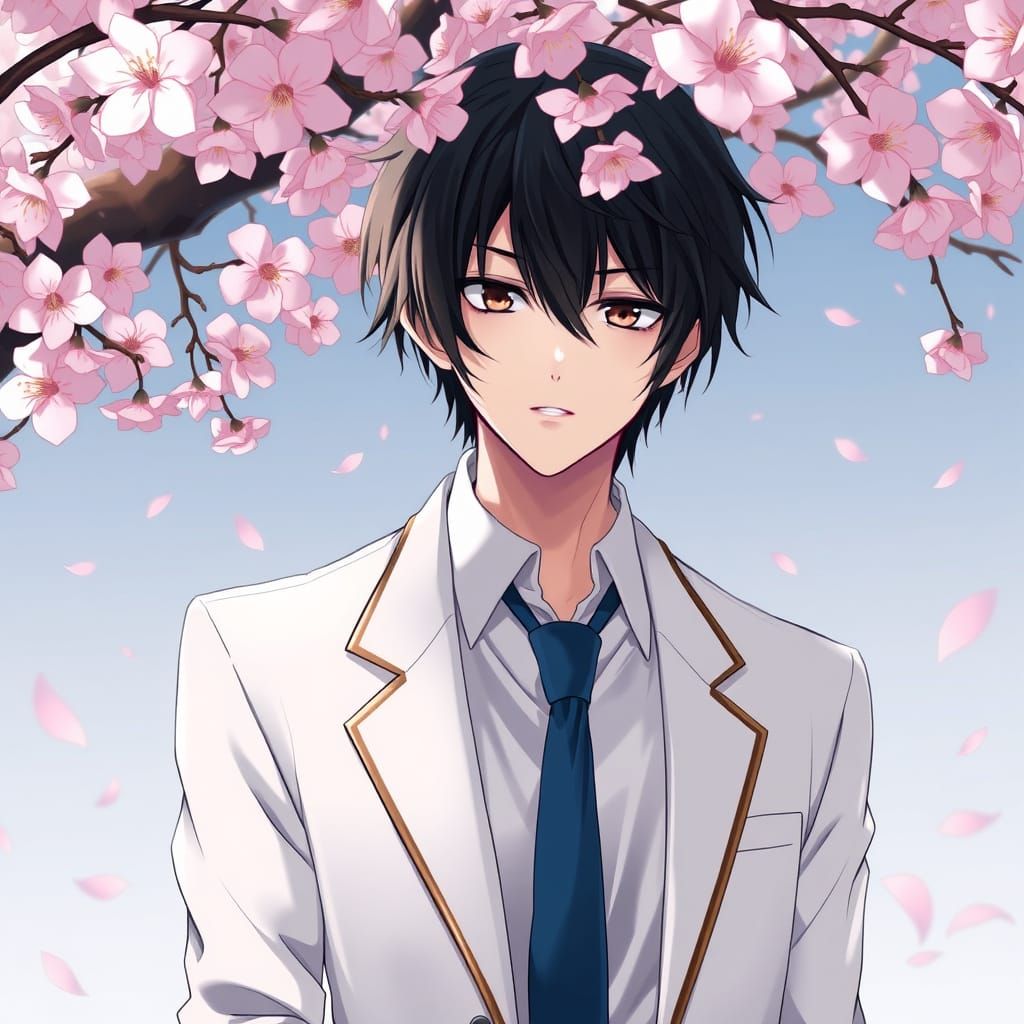 Anime Character Under Cherry Blossoms in Makoto Shinkai Styl...