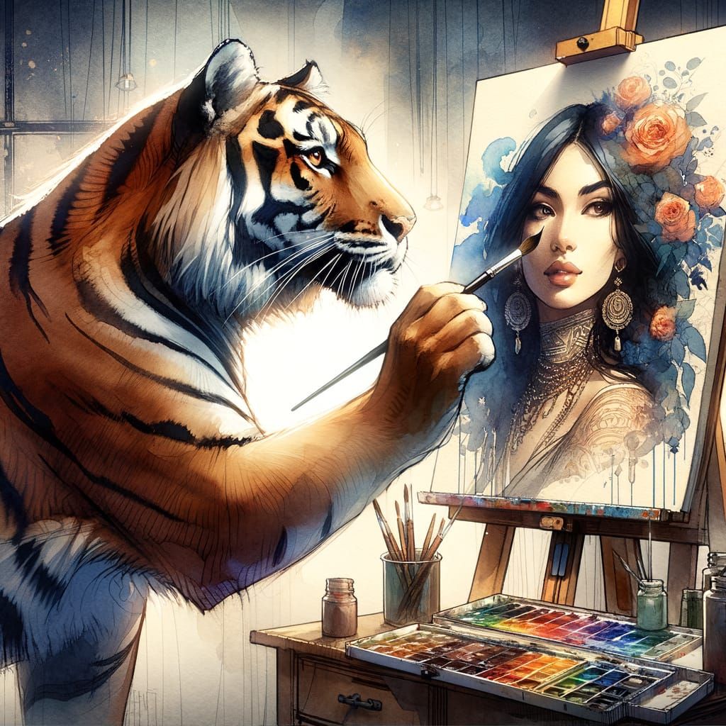 Tiger Painting a Portrait in Watercolor Style