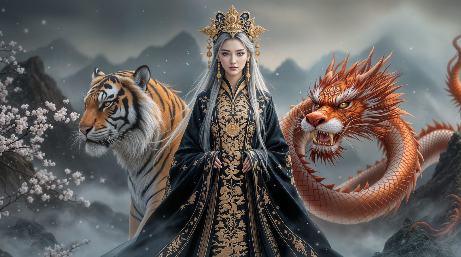 Majestic Chinese Goddess Surrounded by Tiger and Dragon