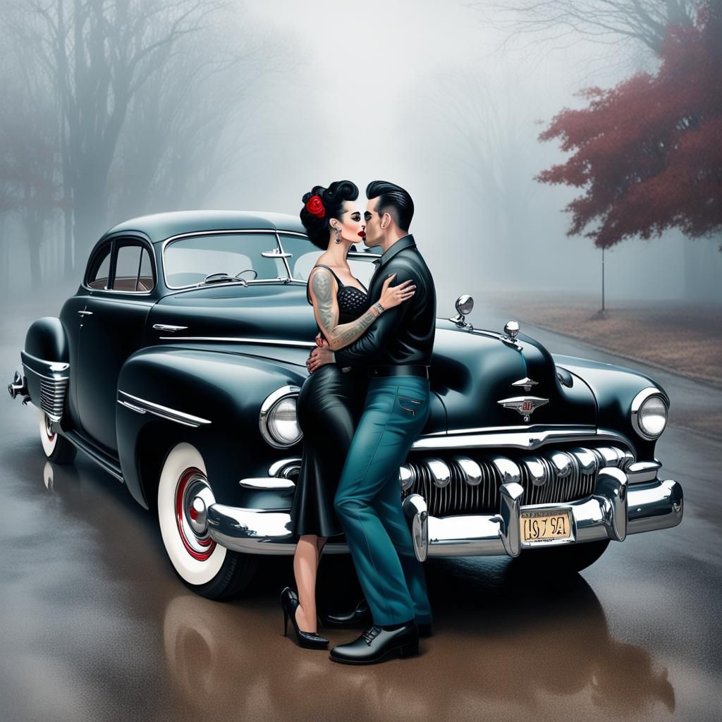 Rockabilly Romance: Pinup Girl and Greaser Kiss