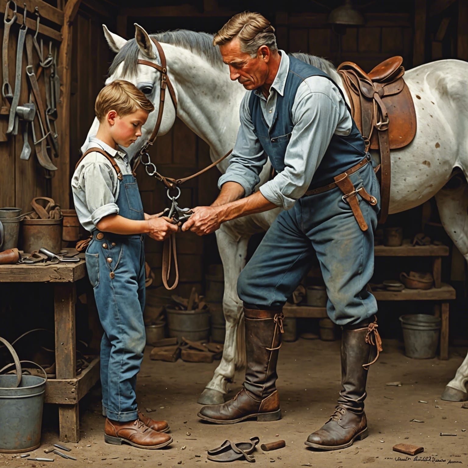 Blacksmith Teaches Apprentice to Shoe Horse in Rockwell Styl...