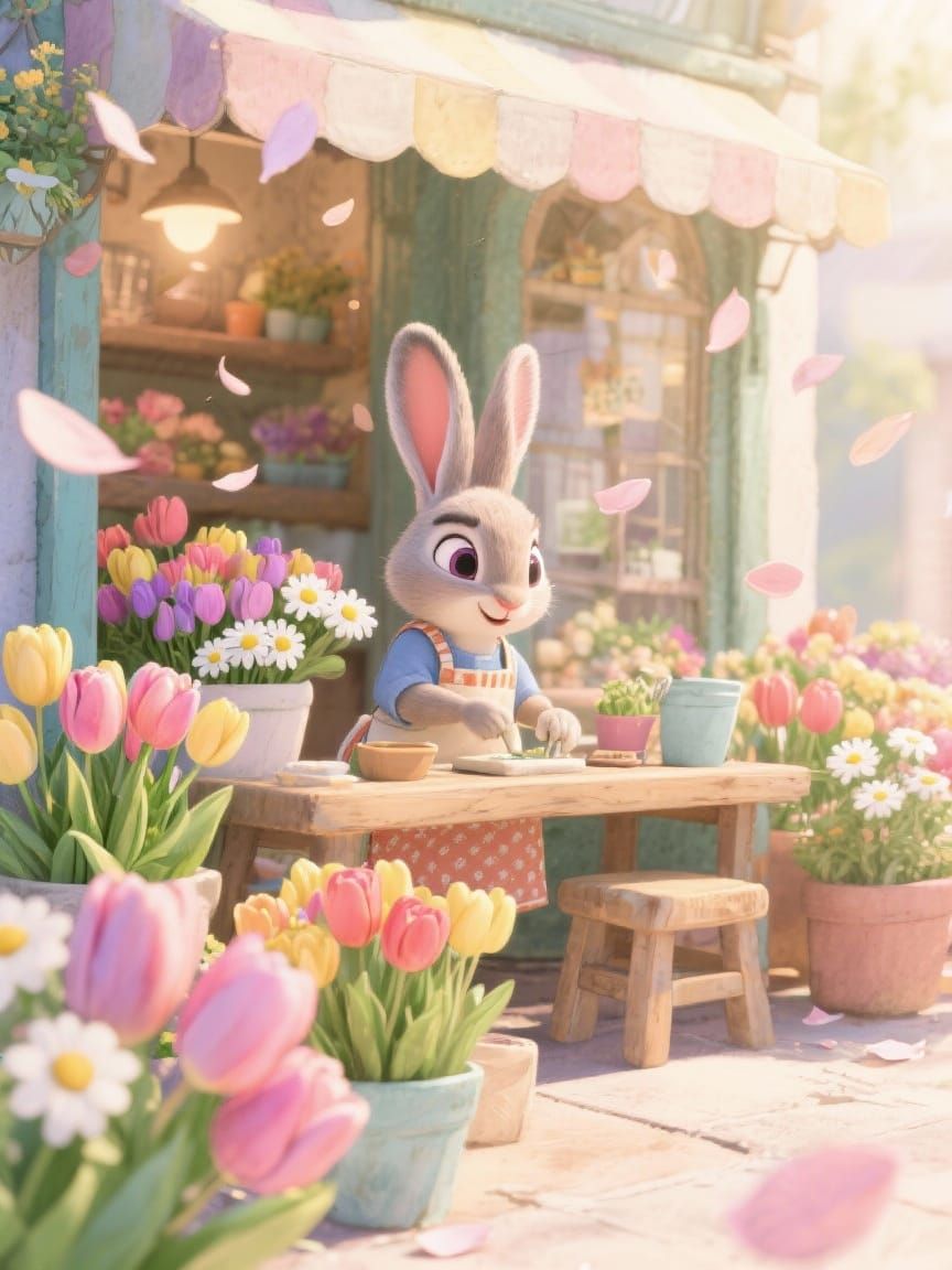 Miniature Rabbit in Pastel Flower Shop