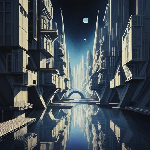 M.C. Escher.. Futuristic paradoxical art woodcut and woodblo...