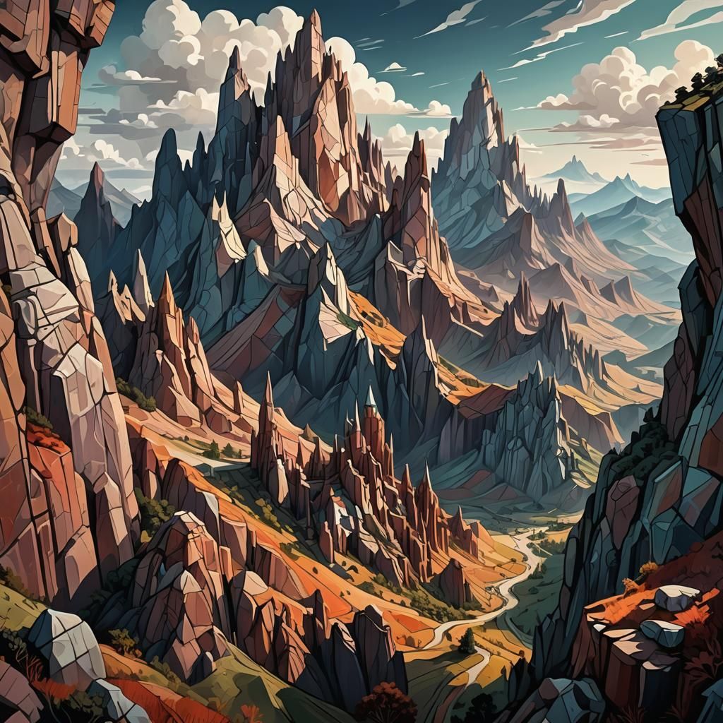 Dreamlike Mountain Range with Cubist Rock Formations
