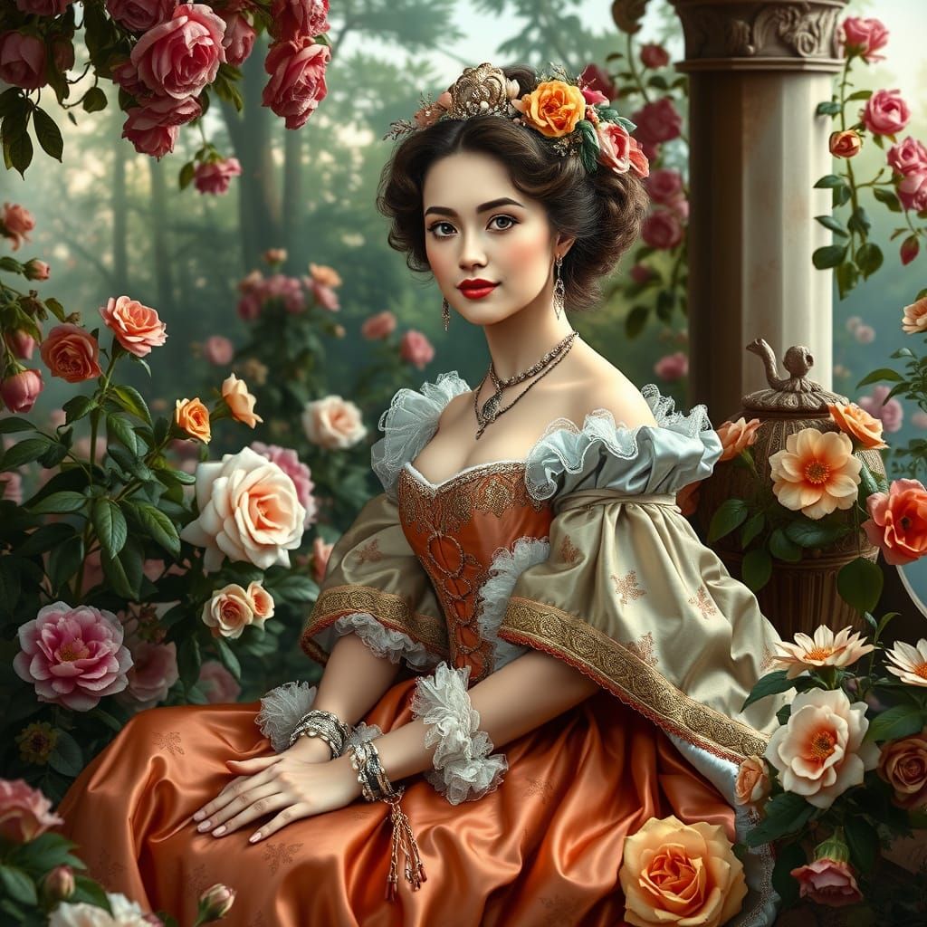 Elegant Lady in Garden, Rococo Style