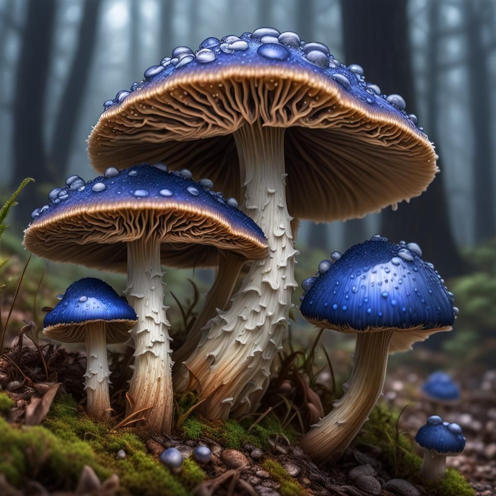 Sapphire Mushrooms in Hyperrealistic Fantasy