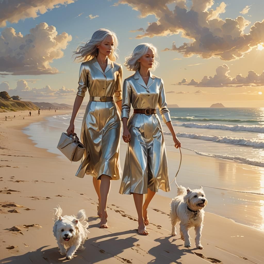Robot Woman Walking on Beach with Girl and Dog