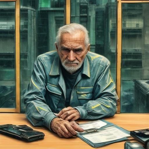 Defeated Man in Dystopian Cyberpunk Office