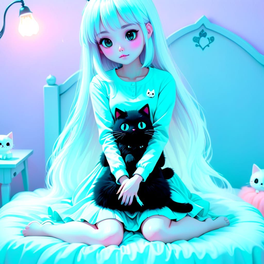 Kawaii Chibi Ghost Girl with Black Cat in Cozy Bedroom
