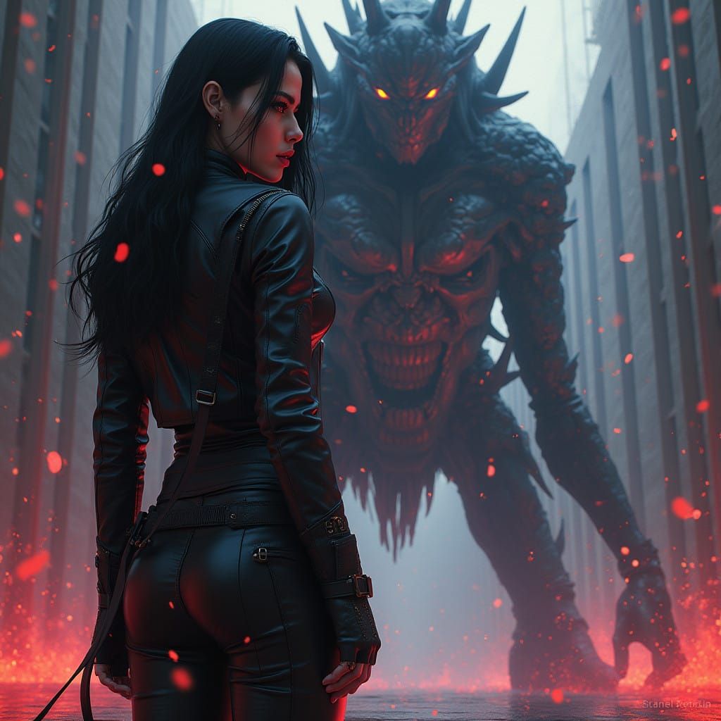 Tura Satana Defiant in Black Leather Confronts a Towering Ap...