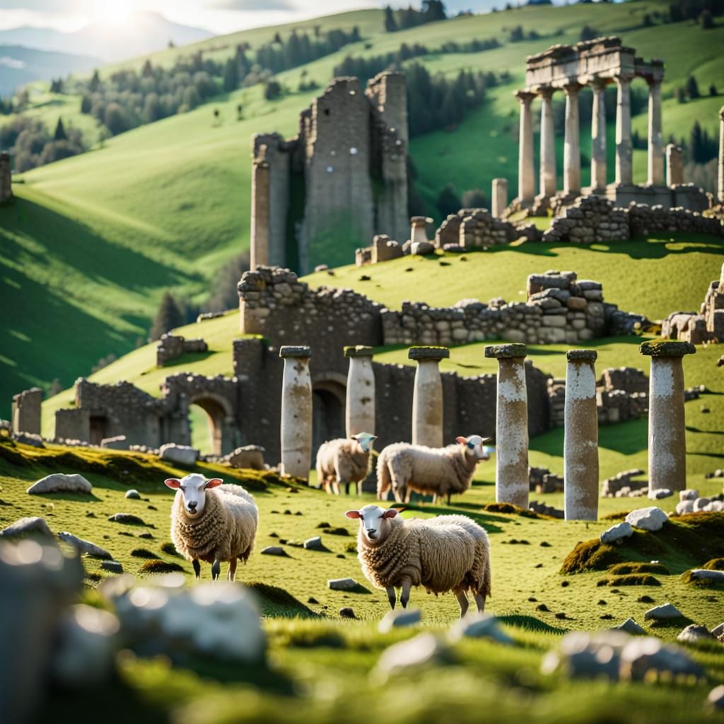 Cinematic Mastery: Sheep Among Ancient Ruins