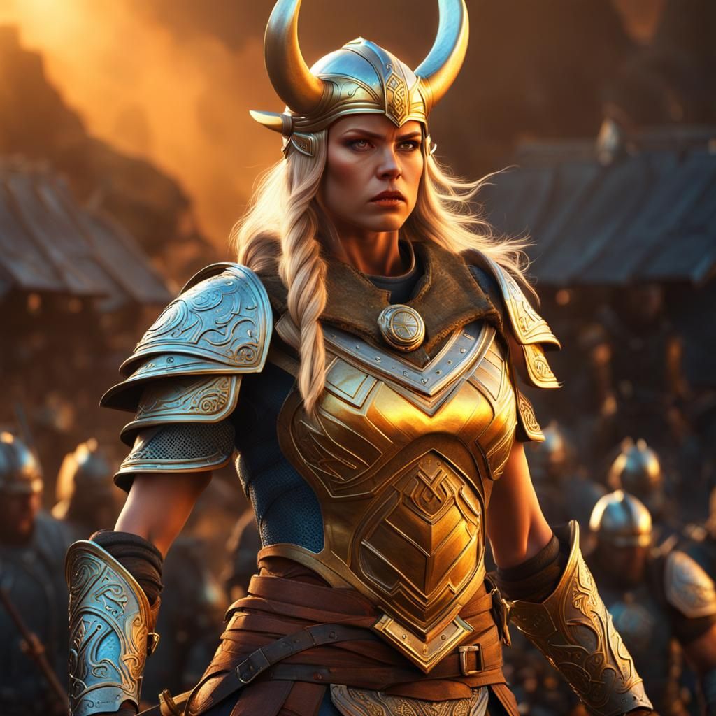 Fierce Viking Warrior Woman in Golden Armor