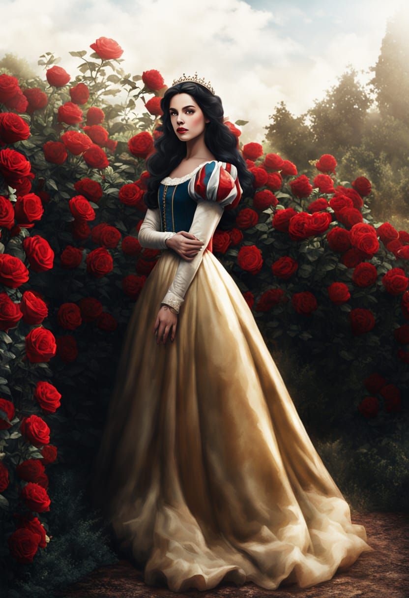 Snow White in Rose Garden: A Cinematic Film Still