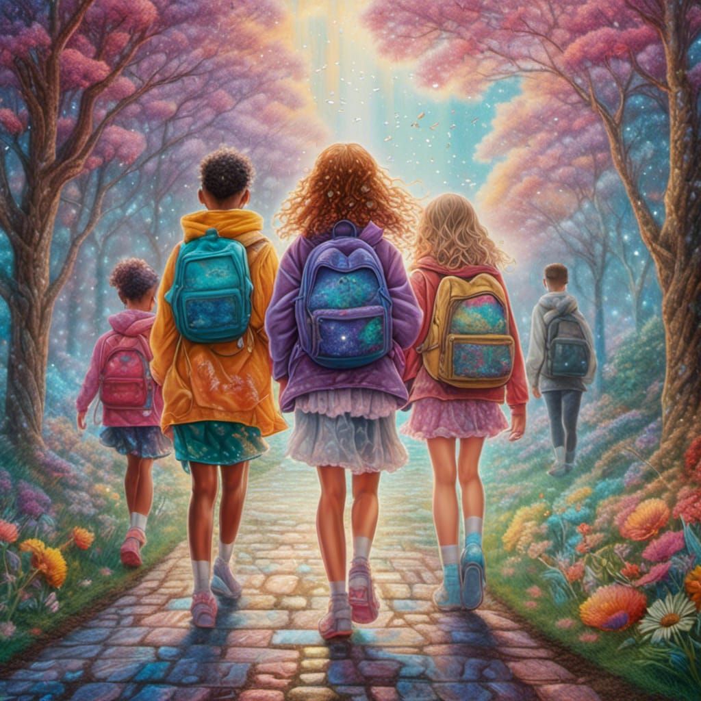 Children Walking Home: Pastel Chalk Art Impression