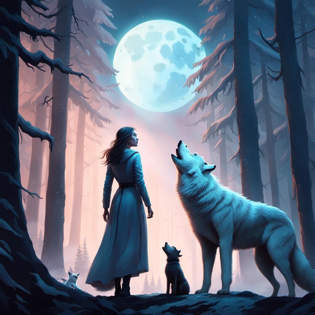 Moonlit Forest: Girl, Wolves, and Fantasy Art