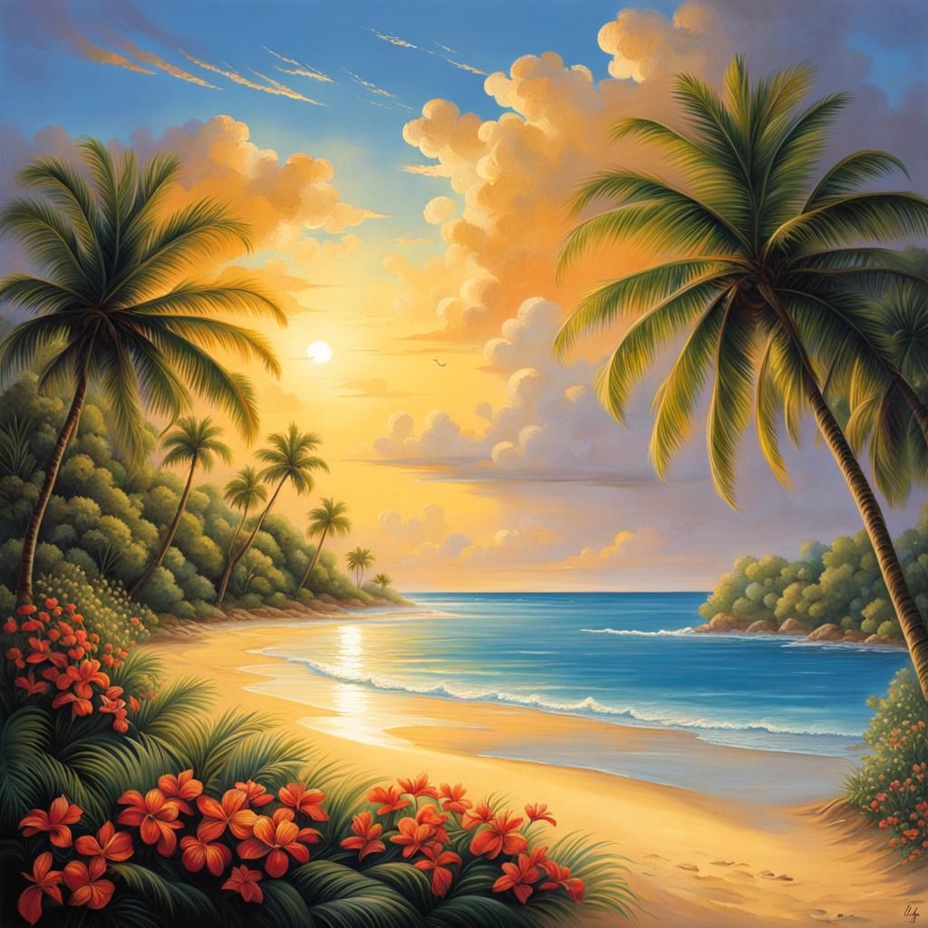 Paradise Ocean Shore at Sunset