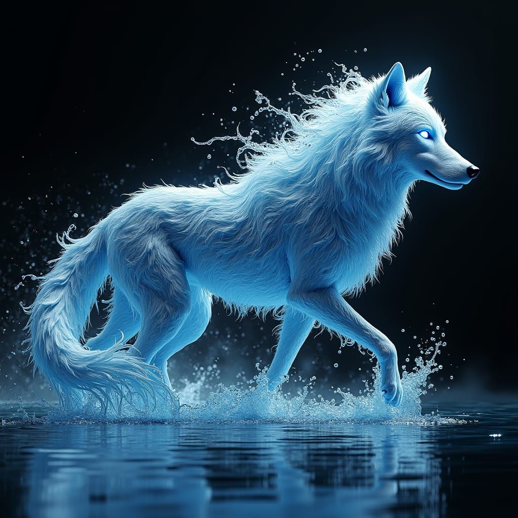 A surreal image of a wolf made entirely from flowing water, ...
