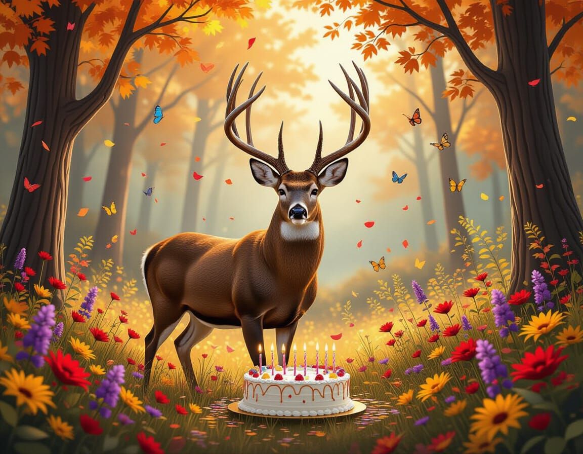 Majestic Buck in Whimsical Forest Clearing with Birthday Cak...
