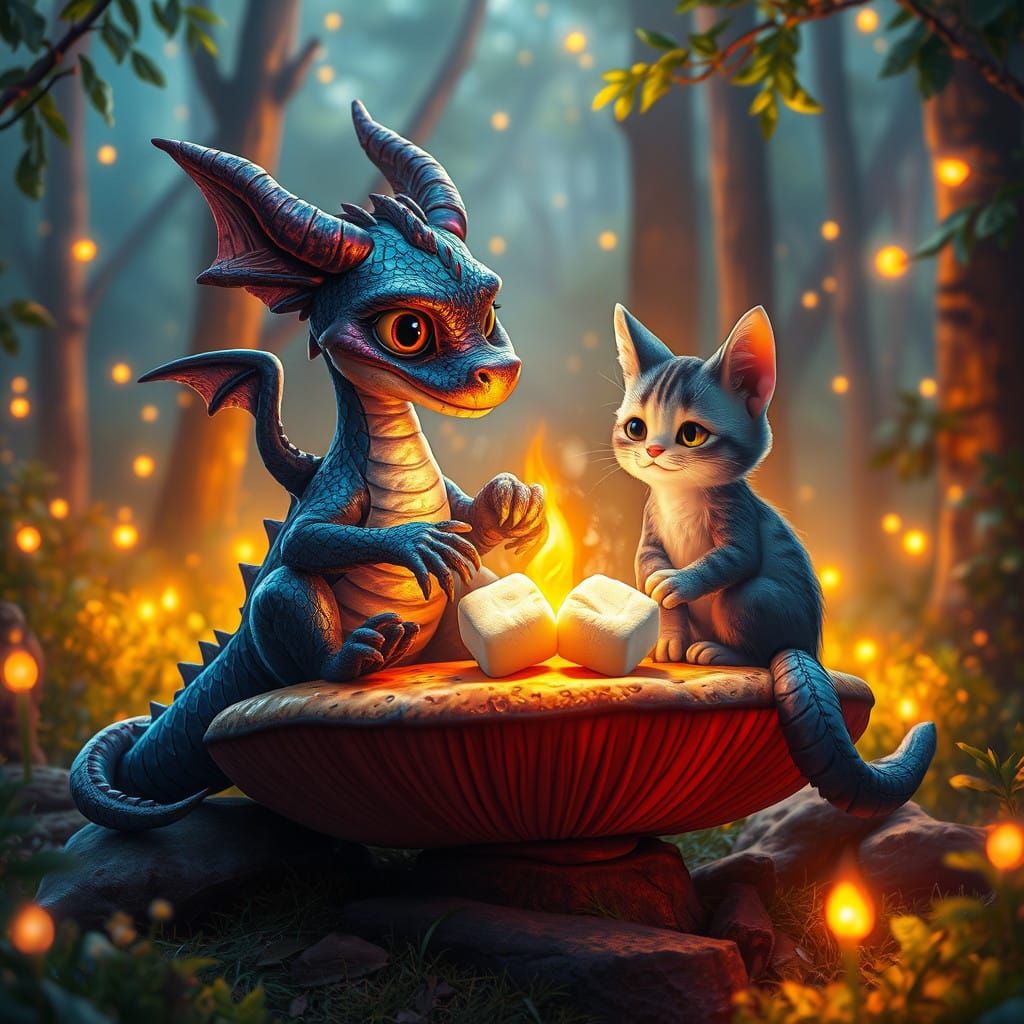 Whimsical Dragon and Cat Toasting Marshmallows in Enchanted...