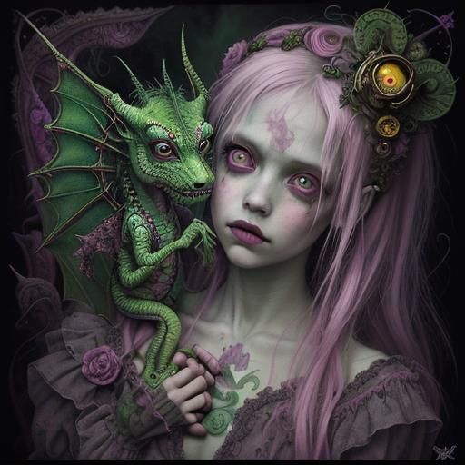 Surreal Dragon, Unicorn, and Zombie Woman Art