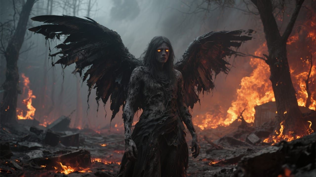 Sorrowful Fallen Angel in Hellish Landscape as Film Still