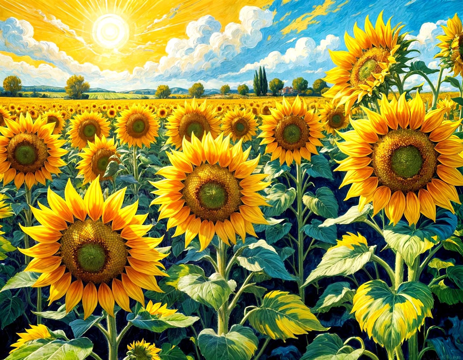 Sunflower Field in Van Gogh Impasto Style