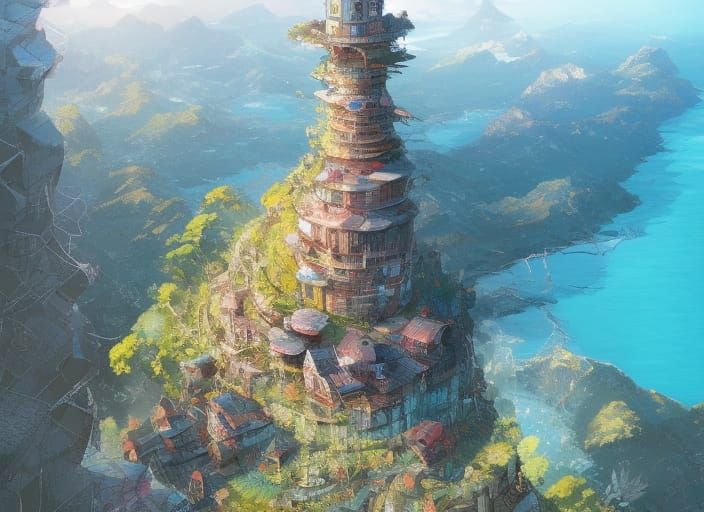 Mountain Tower Bird's-Eye Digital Illustration