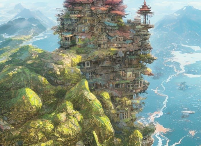 Mountain Tower Illustration in Digital Art Style