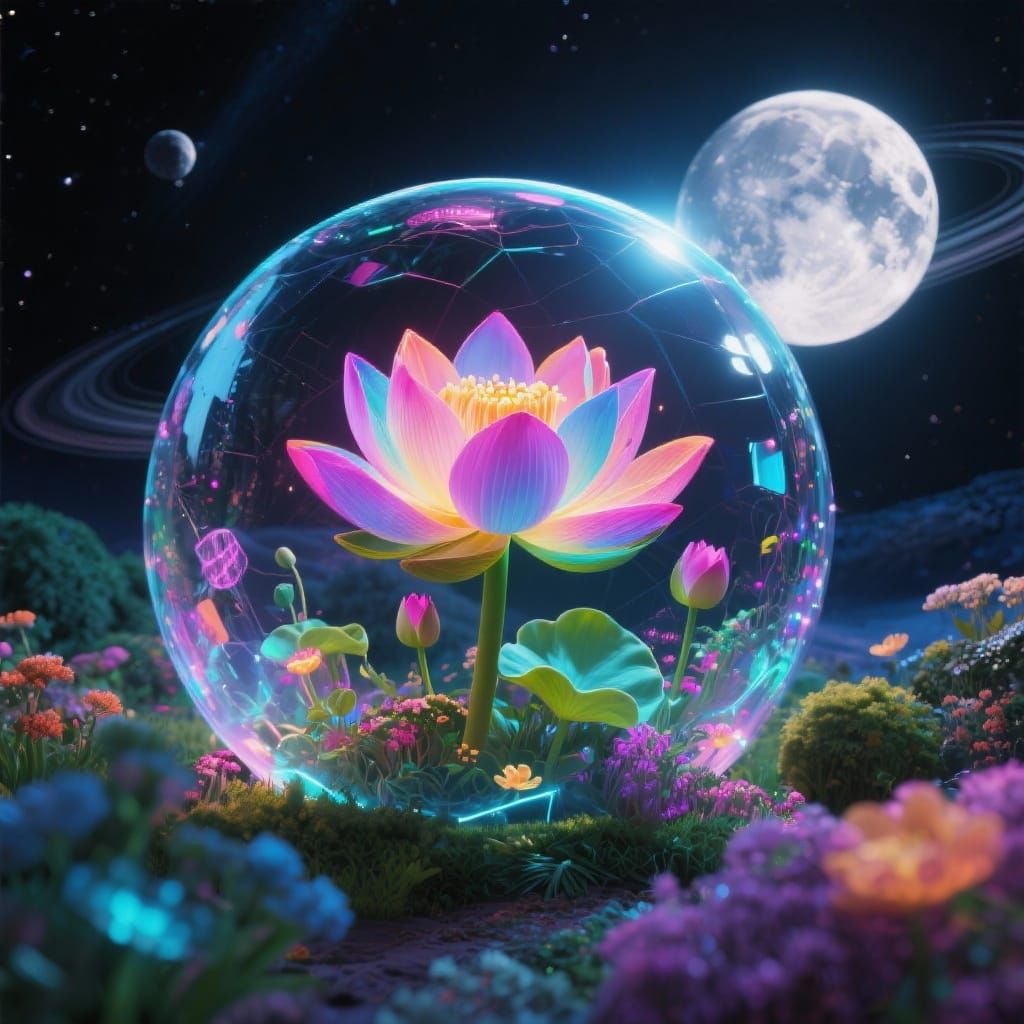Glowing Lotus Flower in Orbit Space Garden Globe