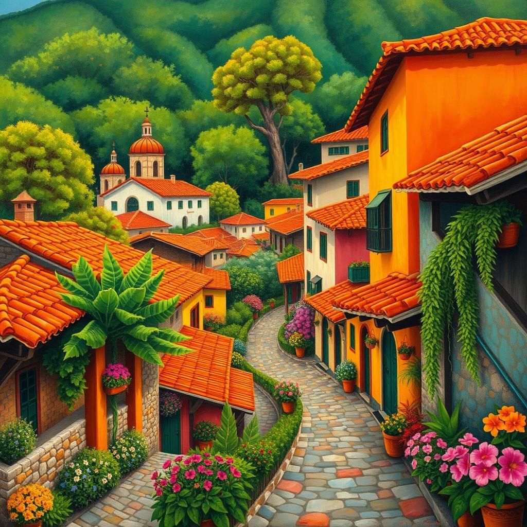 Colorful Mexican Village Scene in Folk Art Style