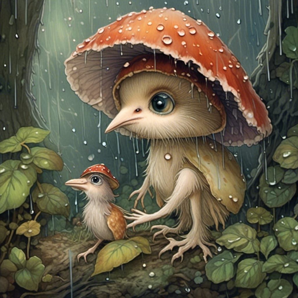 two birds with mushrooms used as umbrella in the rain