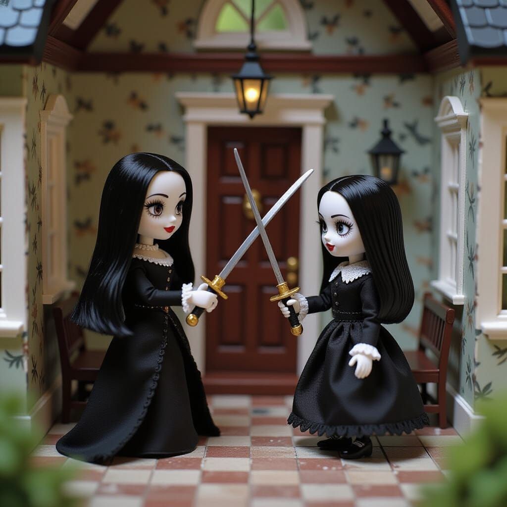 Miniature Addams Family Fencing Match in Dollhouse