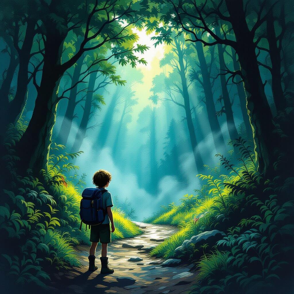 Lost Hiker in Dim Forest Path Fantasy Illustration