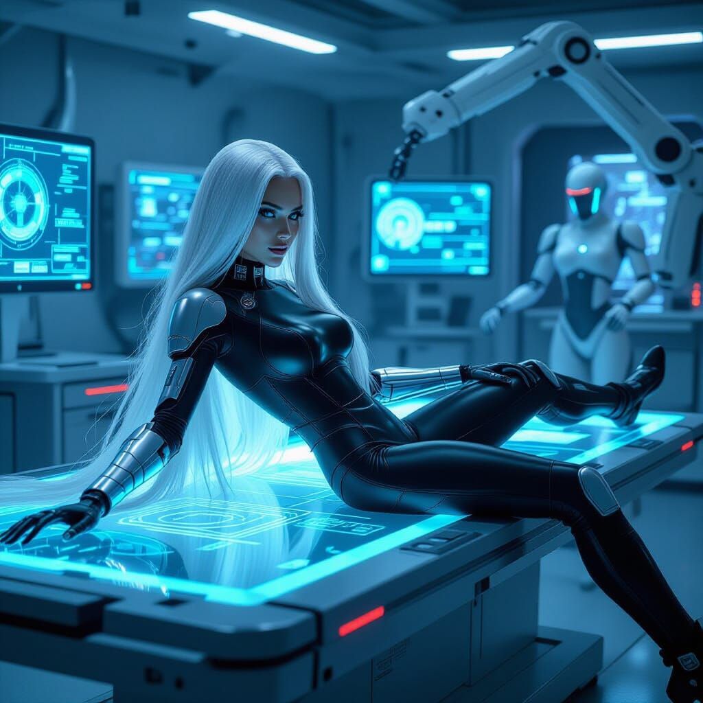 Cybernetic Woman in Futuristic Lab: Industrial Neon Art
