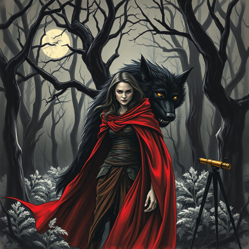 A Dark Fantasy Scene with a Smirking Woman and Ominous Werew...