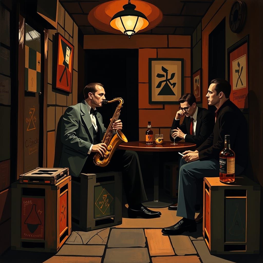 Abstract Cubist Saxophone Player in Speakeasy