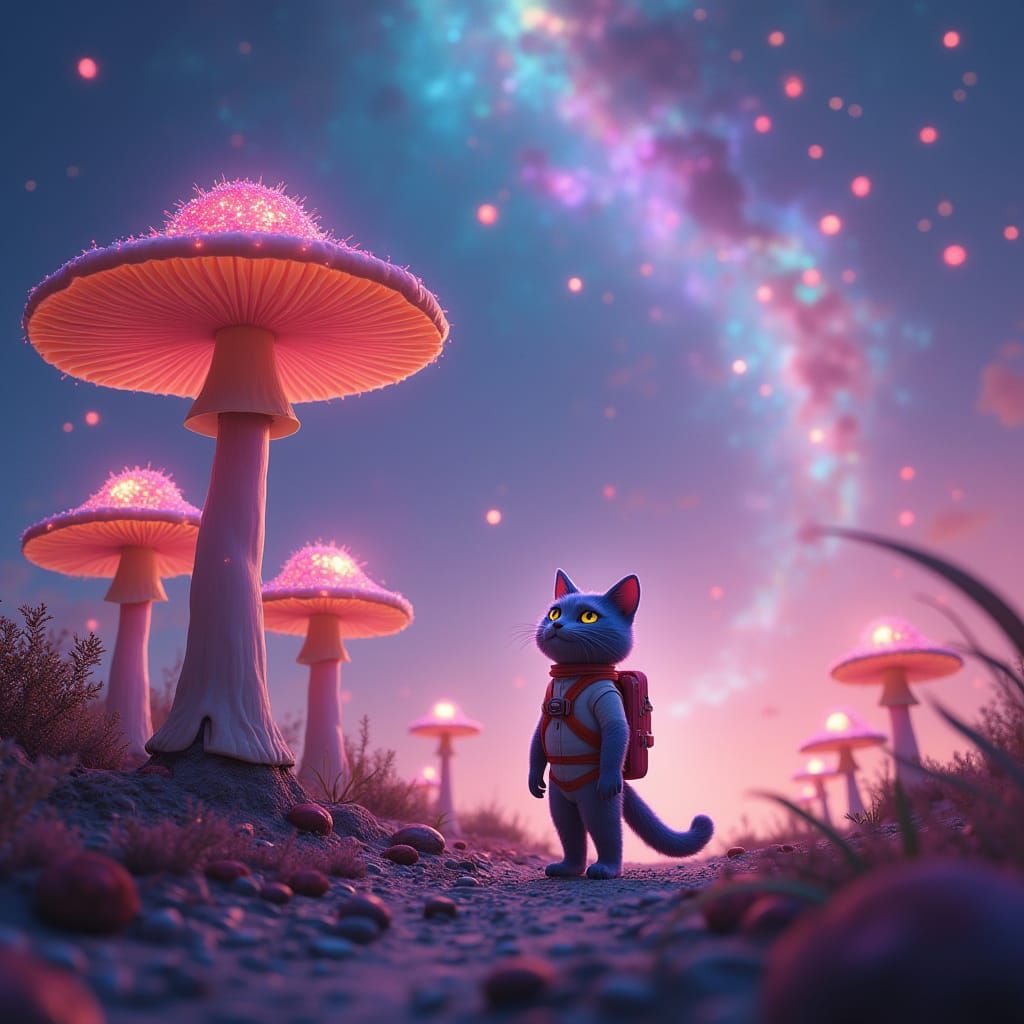 Pixar-Inspired Cat Astronaut in Whimsical Alien Landscape