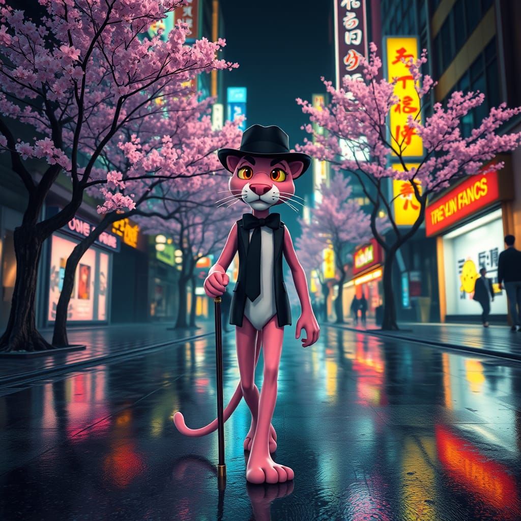 Vibrant Anime-Style Pink Panther in Futuristic Cityscape