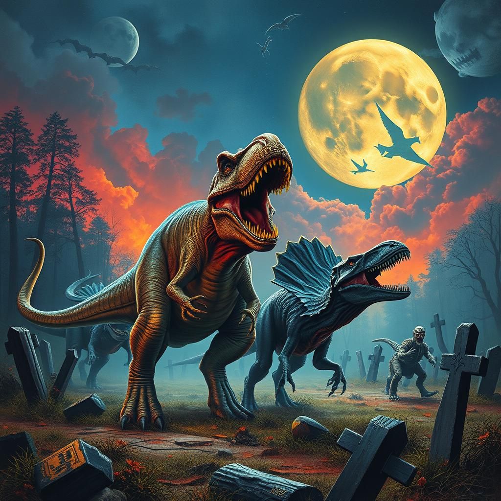 Dinosaurs Monster Mash in Spooky Graveyard Dreamscape