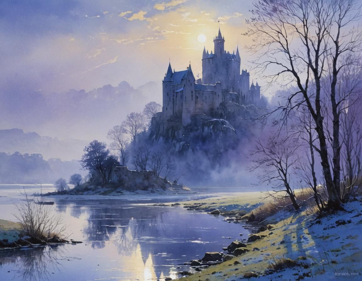 Misty River Castle Ruins in Watercolor