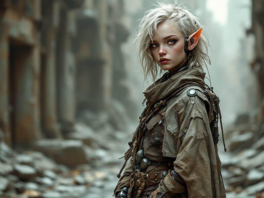 Cyberpunk Elf in Post-Apocalyptic Ruins