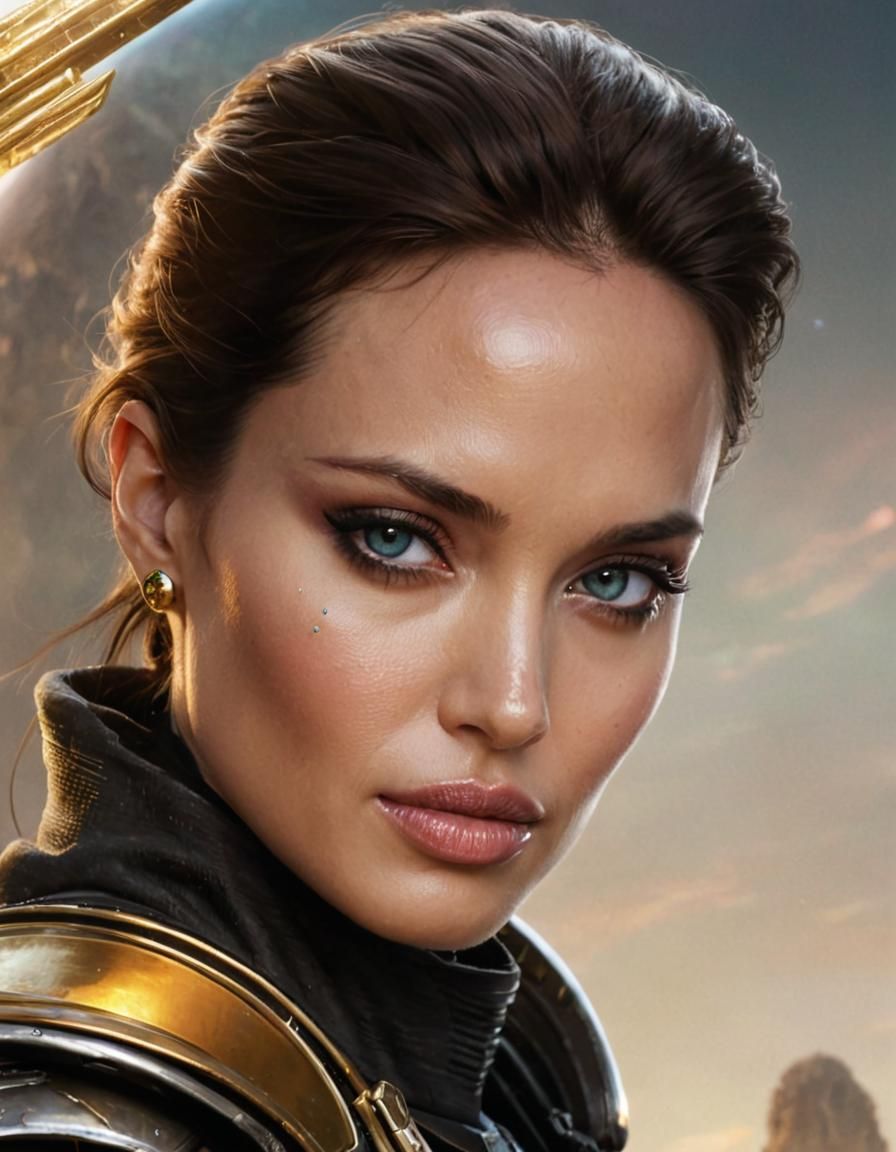 Portrait of Angelina Jolie as space pirate Lara Croft from disney movie "Pirates of the space".  Intricate _details. Ela...