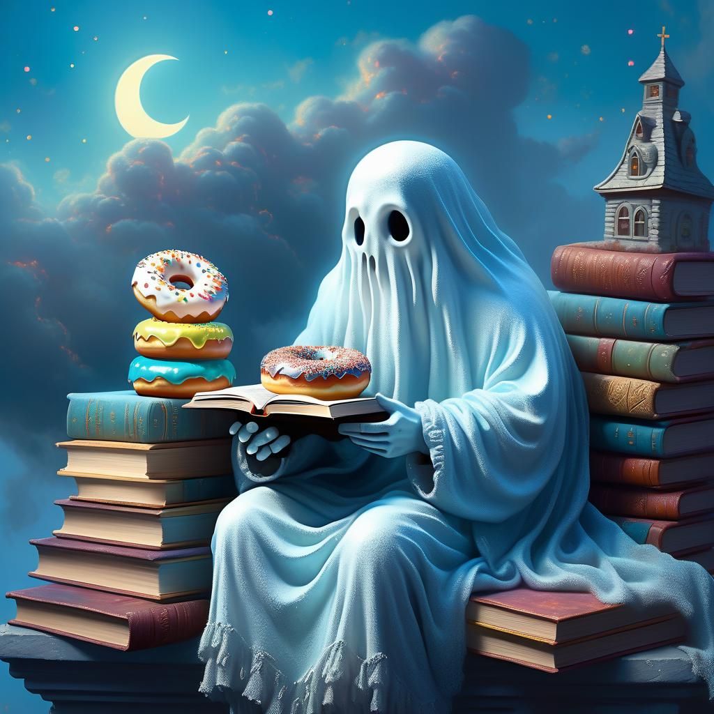 a whimsical Casper-like ghost sitting on top of some books e...